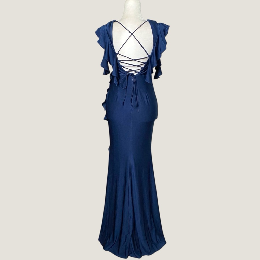 Navy Ruffle Corset Maxi Stretch Gown Dress Formal Slit Lace Up Back V Neck Sz XS - Picture 9 of 14